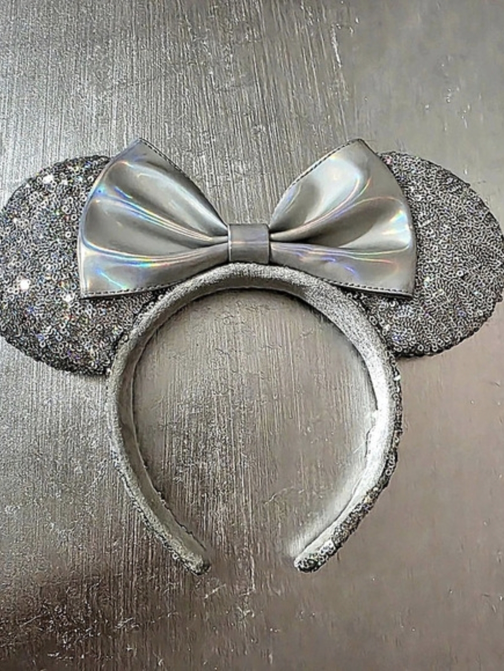 Disney- Parks Magic Mirror Silver Sequin Bow Minnie Mickey Mouse Ears Headband